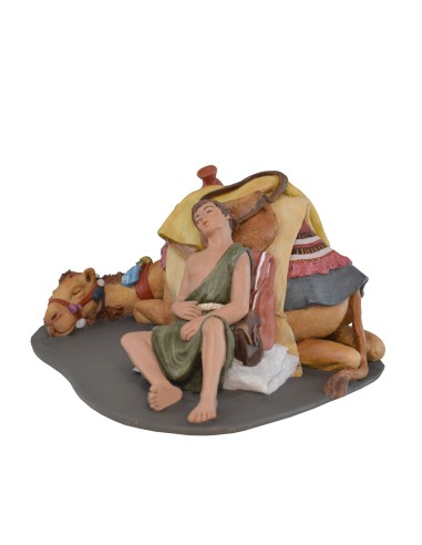 Camello tumbado con pastor descansando